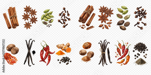 Foto A vibrant collection of aromatic spices including cinnamon, star anise, cardamom, cloves, nutmeg, vanilla, chili, turmeric, and black pepper