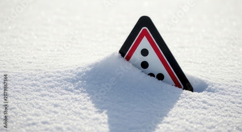 Warning Sign Partially Buried in Deep Snow Indicating Possible Hazard or Obstruction