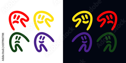 Abstract Doodle Smiley and Sad Faces Icon Set Set in Vivid Colors
