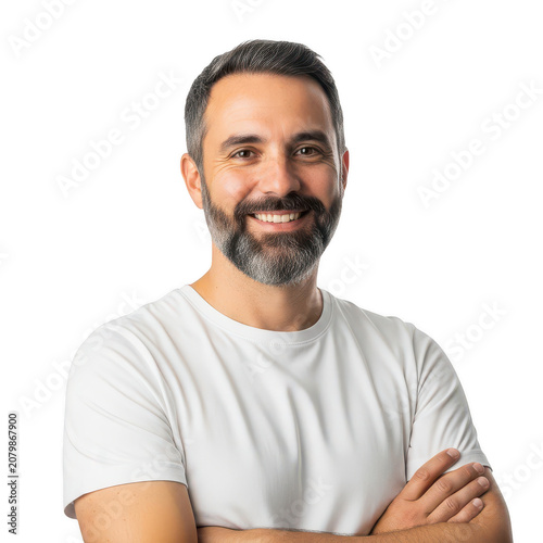 Smiling middle aged man with a beard wearing a white shirt isolated on transparent background