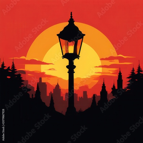 an AI Image Generator, Silhouette of a Streetlamp Against a Dramatic Sunset Skyline