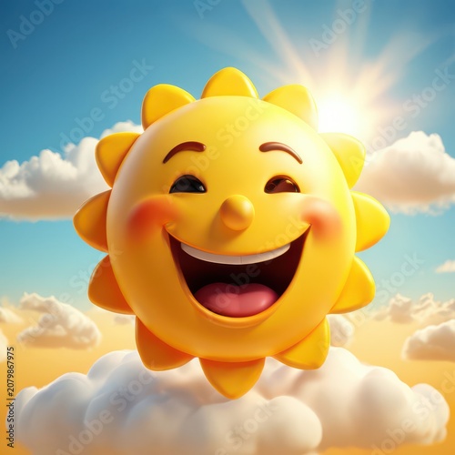 an AI Image Generator, Smiling 3D Cartoon Sun Above Fluffy Clouds with a Cheerful Expression