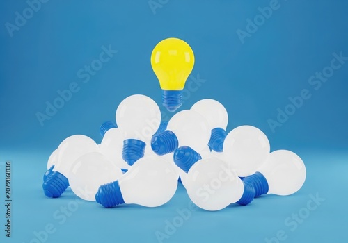 A pile of white lightbulbs with one yellow lightbulb on top, symbolizing a creative idea or innovation against a blue background