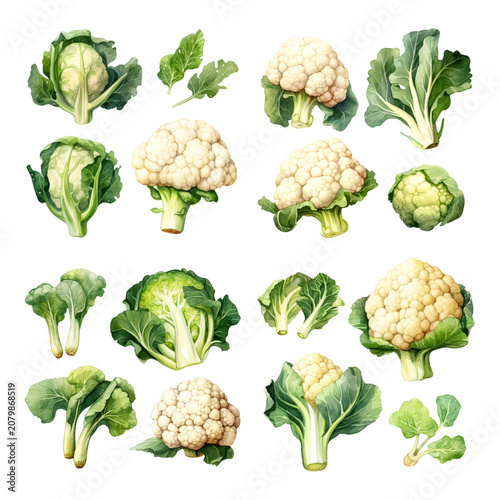 Collection of Fresh Raw Cauliflower Heads and Green Leaves Hand Drawn Watercolor Illustrations