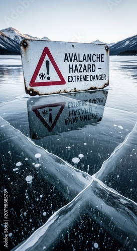 Warning Sign Reflecting on Icy Surface with Mountainous Backdrop: Avalanche Hazard Alert Displayed