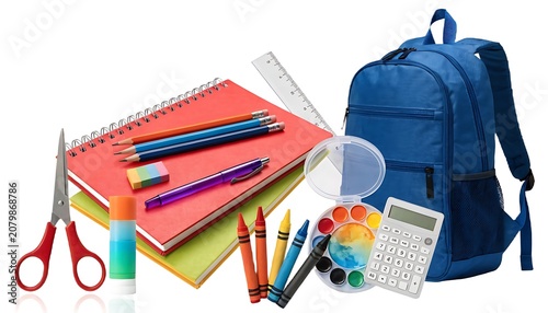 School supplies arranged with backpack on white background