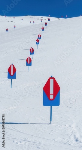 Warning Sign Sequence on a Snow-Covered Slope under a Vibrant Blue Sky in Wintertime