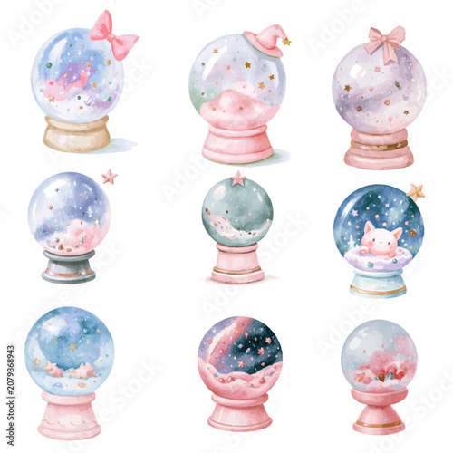 Cute pastel watercolor magical crystal snow globe vector illustration set with stars, clouds, and cats