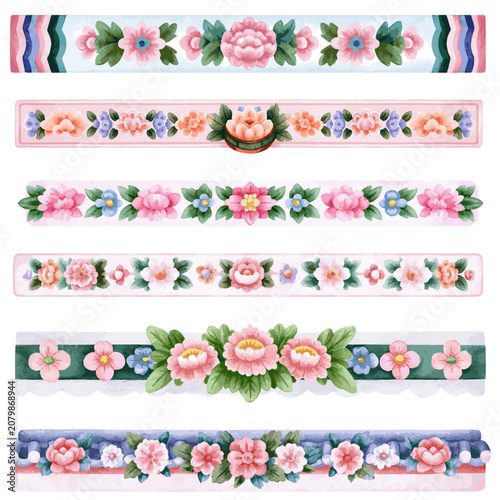Pastel watercolor modern traditional Korean Minhwa floral seamless border and washi tape vector illustration set