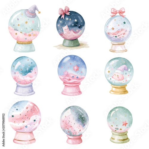 Cute pastel watercolor magical crystal snow globe vector illustration set with stars, clouds, and cats