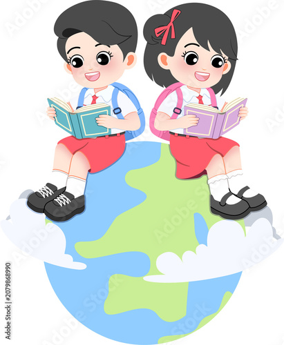 Two children reading books on top of the globe outdoors happily