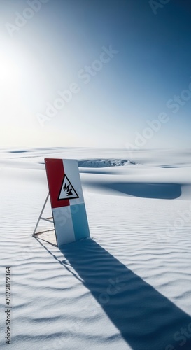 Warning Sign Stands Alone Amidst Expansive Frozen Landscape Under a Clear Sky