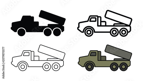 Foto Set of four simplified vector illustrations depicting a military rocket launcher