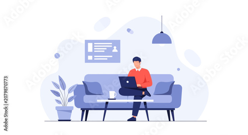 Man working on laptop on sofa in modern living room with plant and minimalist decor, concept of remote work and freelancing
