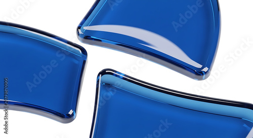 Glossy blue abstract shapes with rounded edges and reflective surfaces on transparent background surface forms design element