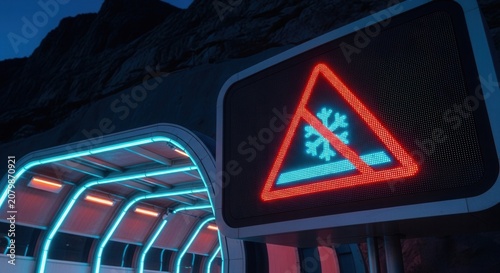 Warning Sign, Futuristic Tunnel, Snowfall Alert, Mountain Backdrop, Illuminated Structure