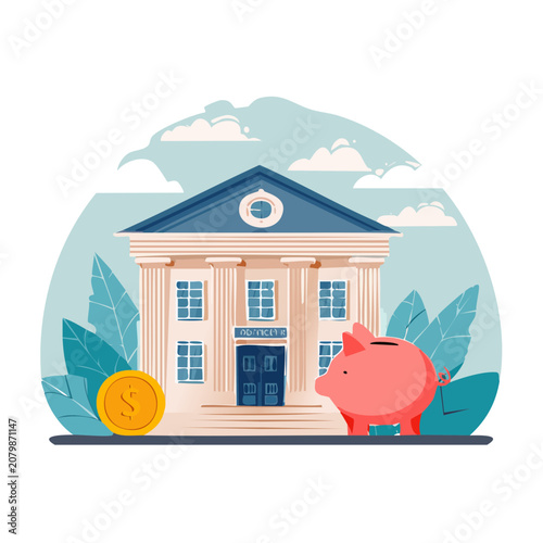 Flat vector illustration of a bank building with piggy bank and coin