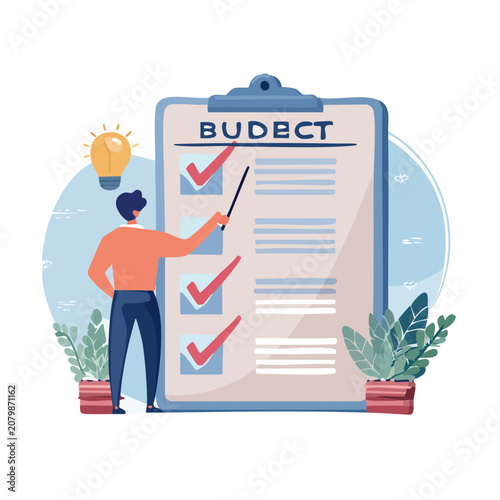 Flat vector illustration of a person pointing at a budget checklist