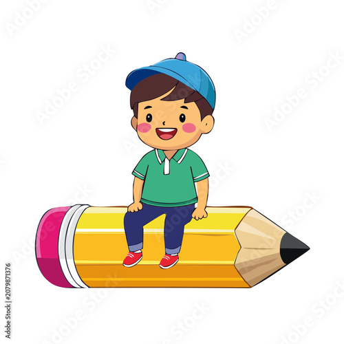 Cartoon boy sitting on giant pencil illustration