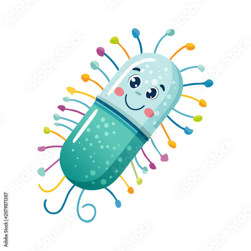 Cartoon smiling capsule with colorful flagella