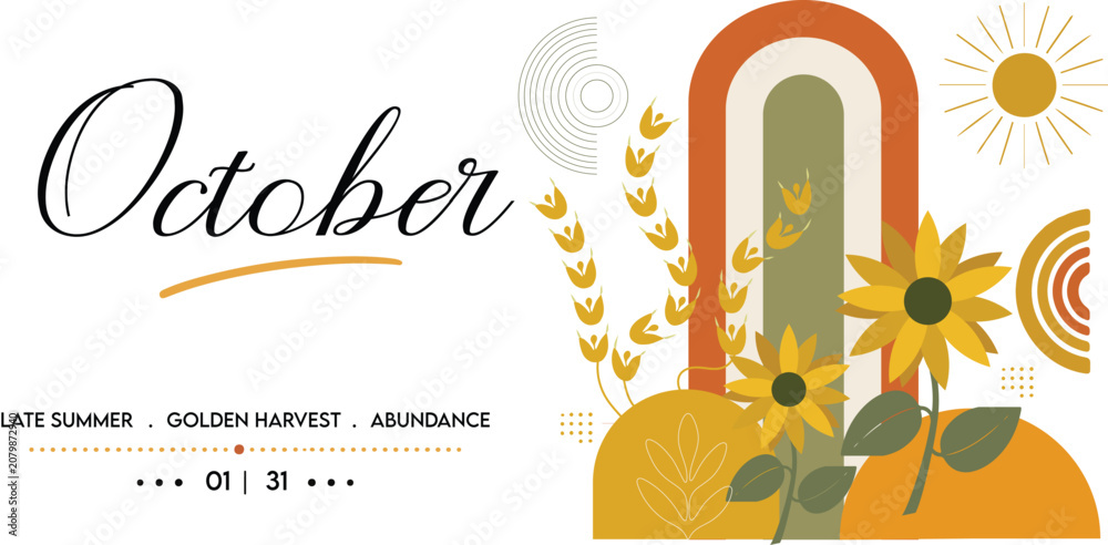 Obraz premium October month header with a modern boho aesthetic featuring sunflowers wheat and abstract earthy tones ideal for autumn marketing and seasonal content