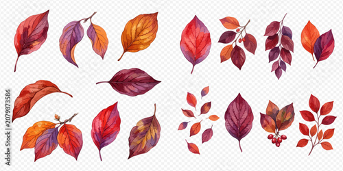 Konstfotografi Watercolor Autumn Leaves Collection: Vibrant Fall Foliage in Various Shapes and Colors, Isolated on Transparent Background