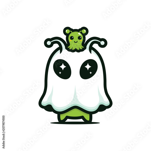 cute alien ghost with little monster pet