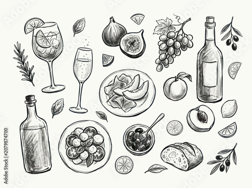 Hand-drawn sketch collection of Italian food and drink elements, including wine, cocktails, fruits, and appetizers.