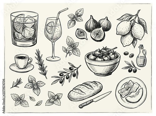 Hand-drawn sketch collection of Mediterranean food and drink items.