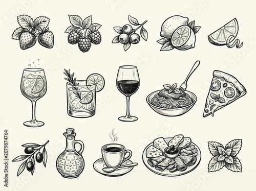 Hand-drawn sketch collection of various food and drink items including fruits, beverages, and dishes.