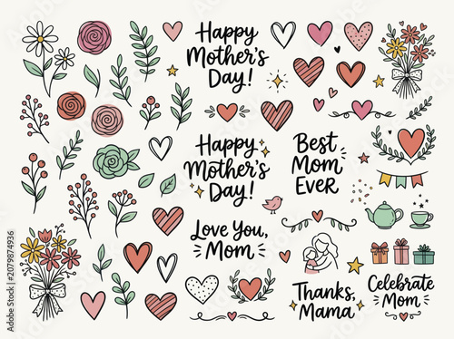Happy Mothers Day Doodle Collection with Hearts and Flowers.