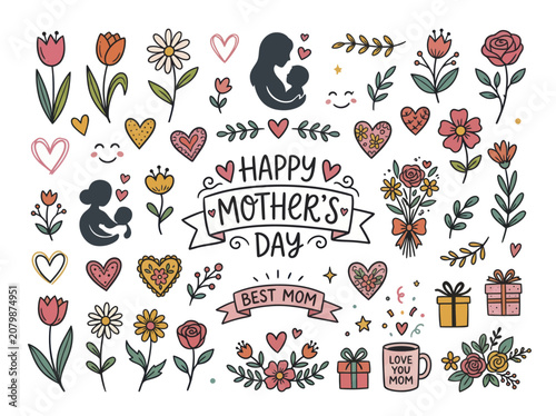 Happy Mothers Day doodle set with flowers hearts and gifts.