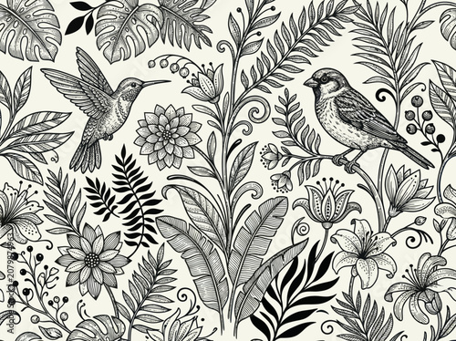 Hummingbird and sparrow amidst lush tropical foliage and exotic flowers.