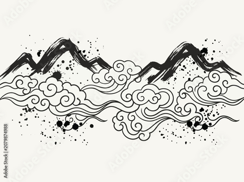 Ink wash painting of mountains and clouds in traditional Asian style.