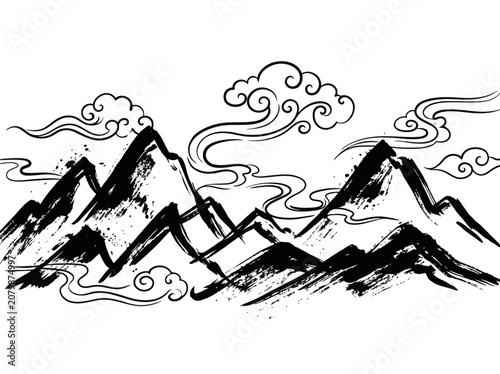 Ink brush painting of majestic mountains and flowing clouds.