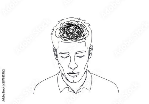 Man with tangled thoughts in his mind, representing mental health struggles.