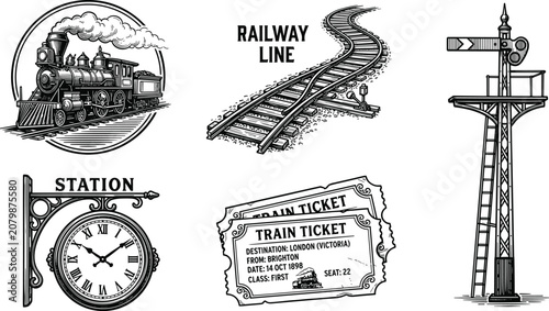 Foto Vintage railway transport and steam train icons set featuring black silhouettes
