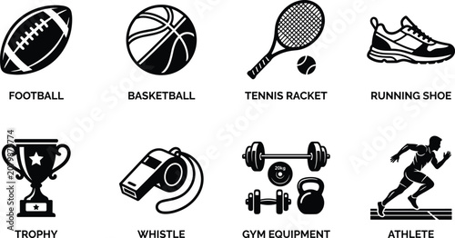 Obraz na plátně Sports and fitness gym equipment icons set featuring black silhouettes of footba
