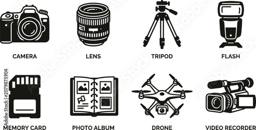 Photography and video production equipment icons set featuring black silhouettes of dslr camera lens tripod flash memory card photo album drone and camcorder vector isolated on white