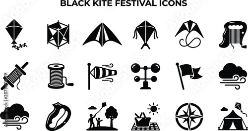 Fotografie Kite festival and outdoor flying activities icons set featuring black silhouette