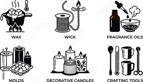 Foto Candle making craft and hobby icons set featuring black silhouettes of melting w