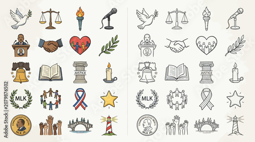 Collection of Icons Representing Peace, Justice, and Civil Rights Movements.