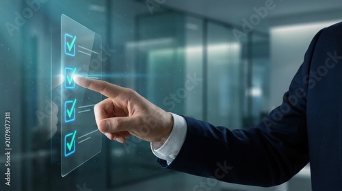 Professional touches a glowing holographic checklist displayed on a transparent screen to confirm status of current tasks.