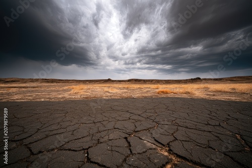 Obraz na płótnie Arid, cracked earth under a dramatic, storm-laden sky