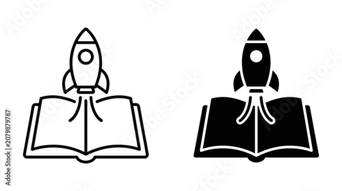 Rocket launching from an open book icon illustration.