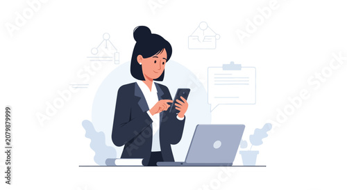 A professional woman in a suit stands by her desk, multitasking with her smartphone and laptop amidst subtle business and data icons.