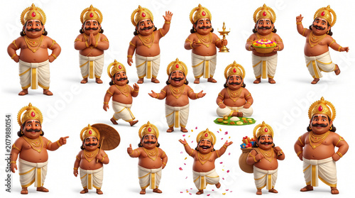 Traditional Maveli 3D Character with Golden Crown and Mundu  