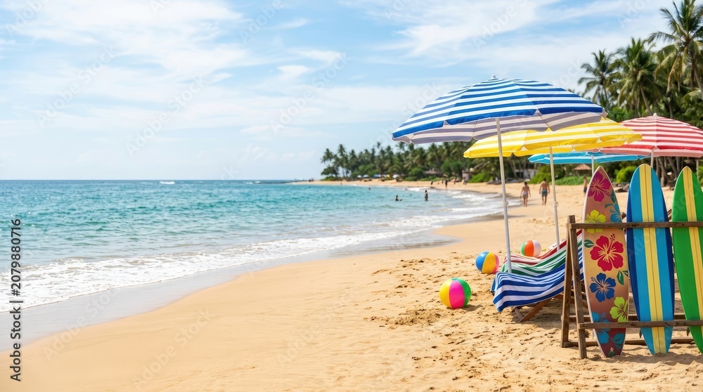 Fototapeta premium A sunny beach scene features a vibrant blue sky with fluffy white clouds. A calm ocean stretches out to the horizon.