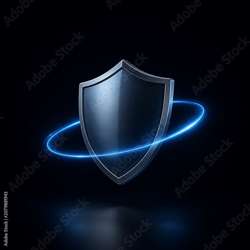 A sleek, metallic shield with a glowing blue energy ring orbiting it against a dark, reflective background, symbolizing protection and security.