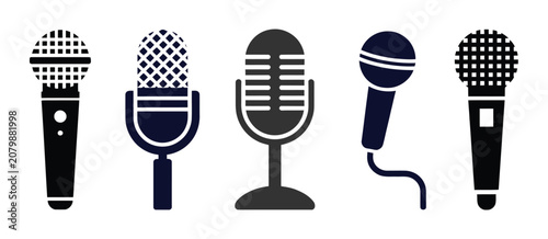 Cuadro en lienzo Microphone Icon Collection, Modern And Classic Mic Symbols Set, Black Audio Recording Broadcast Podcast Voice Communication Icons, Clean Professional Vector Illustration For Websites